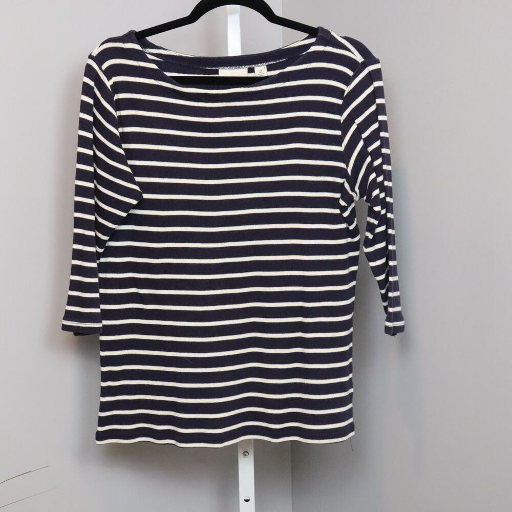 L.L.Bean 3/4 Sleeve Navy & White Striped Pullover Blouse Size M 100% Cotton